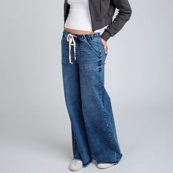 NEW REWASH Relaxed Knit Denim Wide Leg Pants in vintage indigo for women 825 2t7 - Picture 2 of 9
